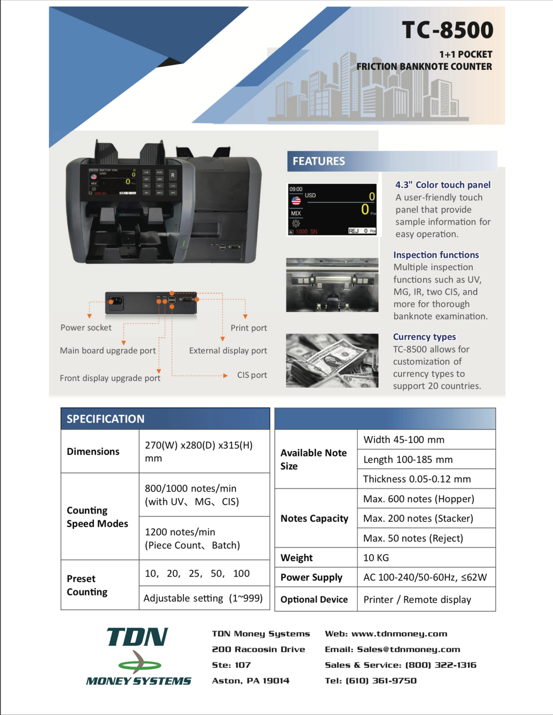 TC-8500 1+1 POCKET Friction Banknote Counter